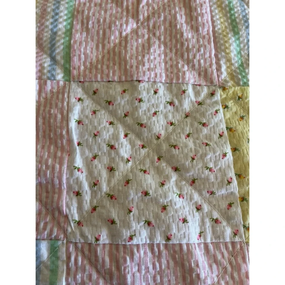 Vintage Baby Blanket Seersucker Quilted Patchwork Soft Pastels Delicate Floral